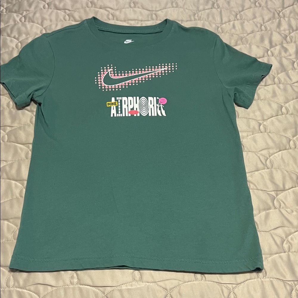 Nike Kids Green Tee with Pink & White Swoosh Graphic